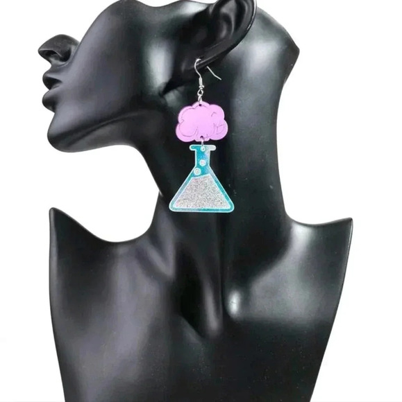 Women's silver sparkle dangle earrings Chemistry science teacher purple blue - Picture 7 of 7